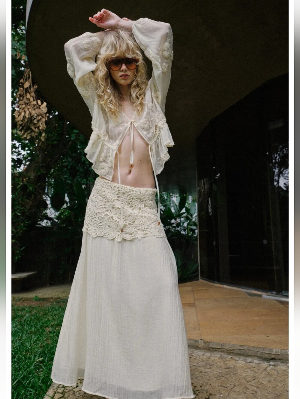 Crochet Combination Midi Skirt in Cream